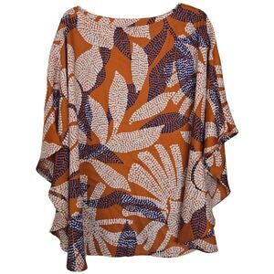 Chicos Floral Chianti Poncho Orange Blue Botanical Top Boat Neck Feminine *note